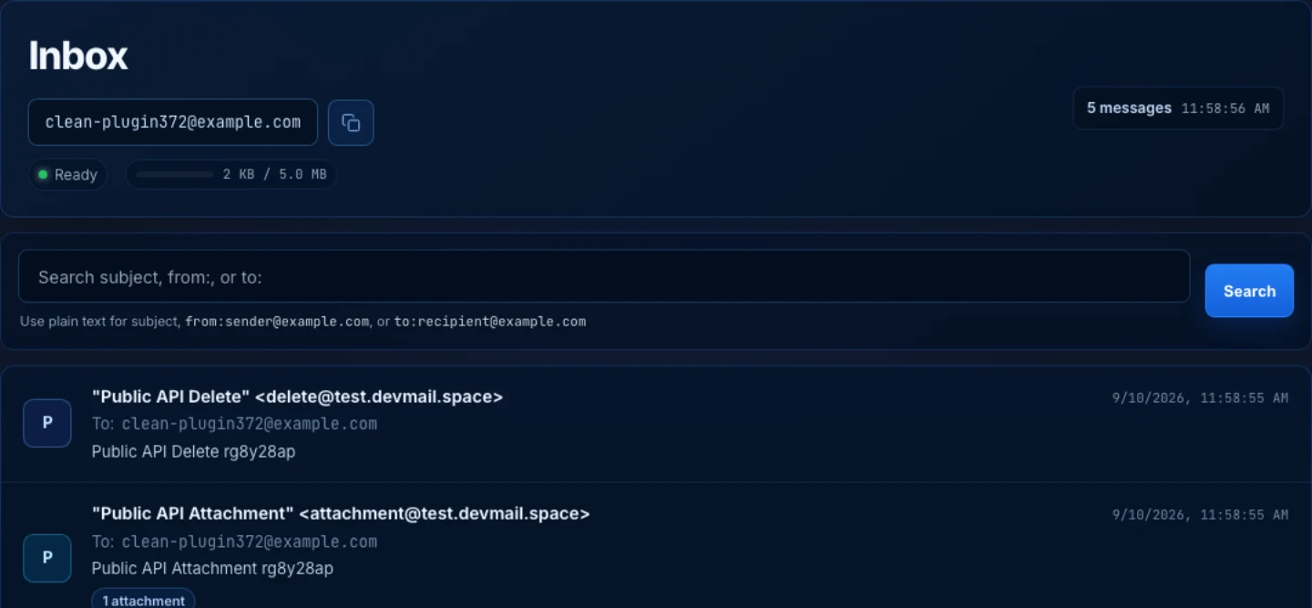 Current DevMail Inbox showing clean-plugin372@example.com, mailbox status, search, and test messages