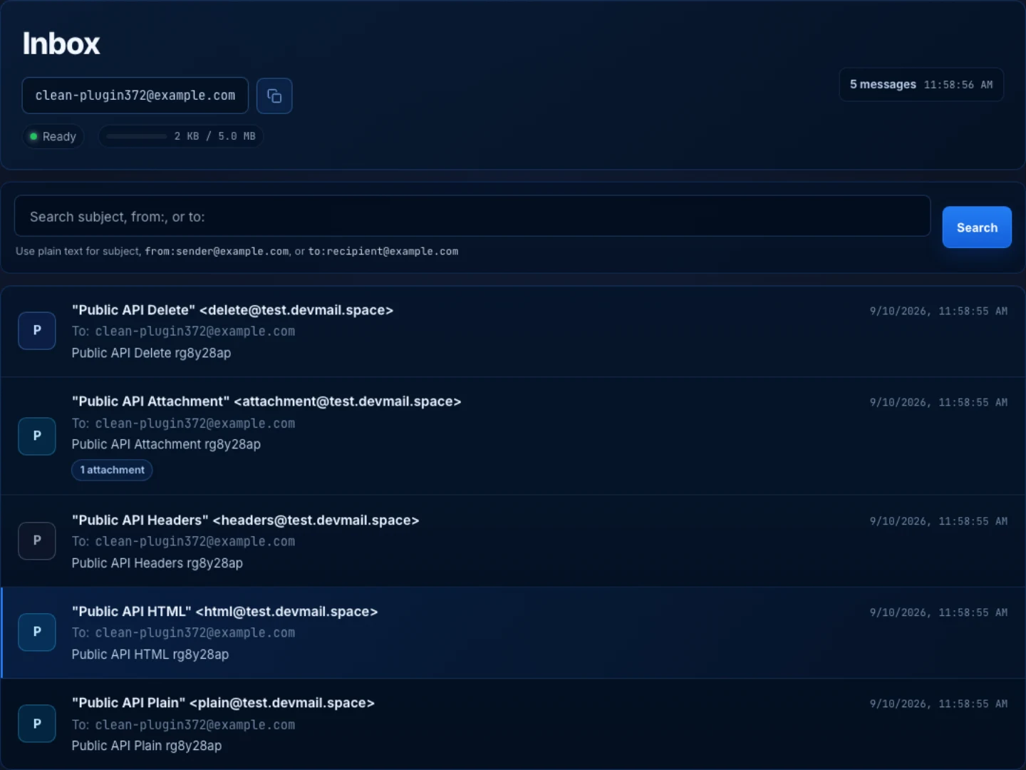 DevMail Inbox showing clean-plugin372@example.com, ready status, search, and neutral test senders